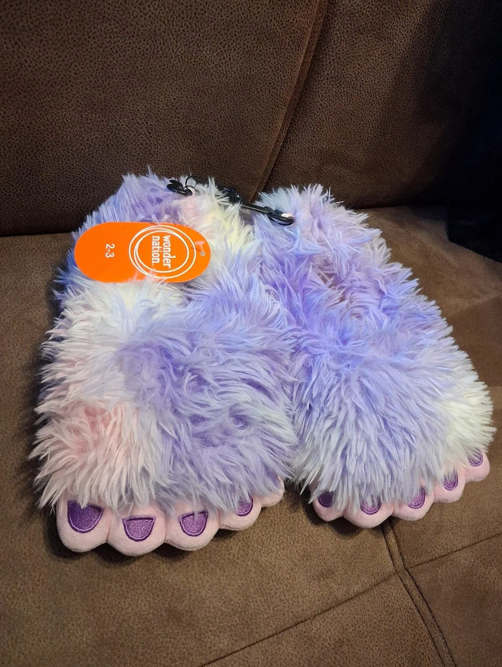 Wonder Nation Plush Purple, Pink Tie-Dye Monster Yeti Slippers Size 2/3